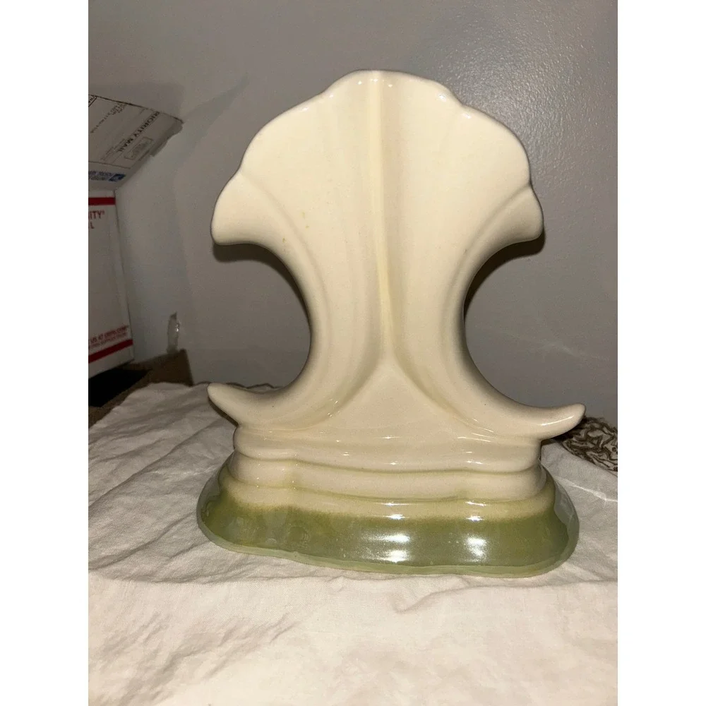 Vintage Ceramic Fan Vase Floral Gold Gilt Trim Mid Century Decor Cream Green